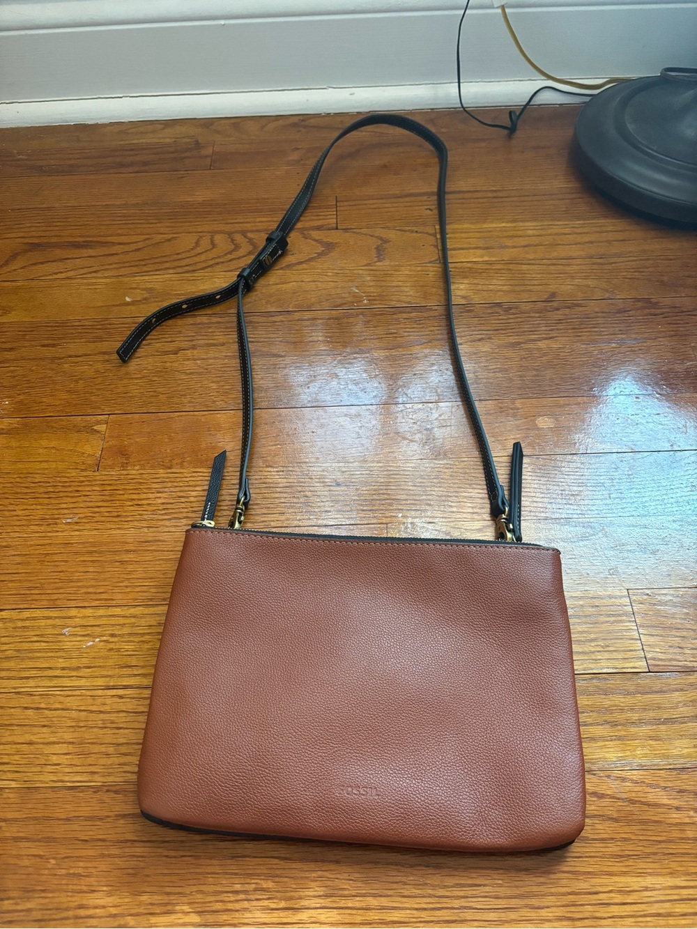 Fossil Devon Double Zip Crossbody Black Brown Leather  $140 MSRP